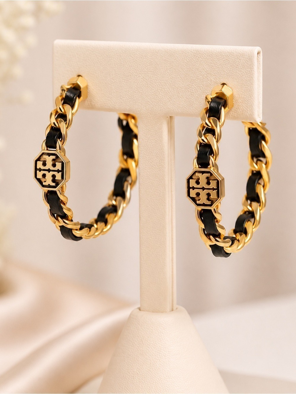 NWOT Tory Burch Gold Black Chain Hoop Earrings